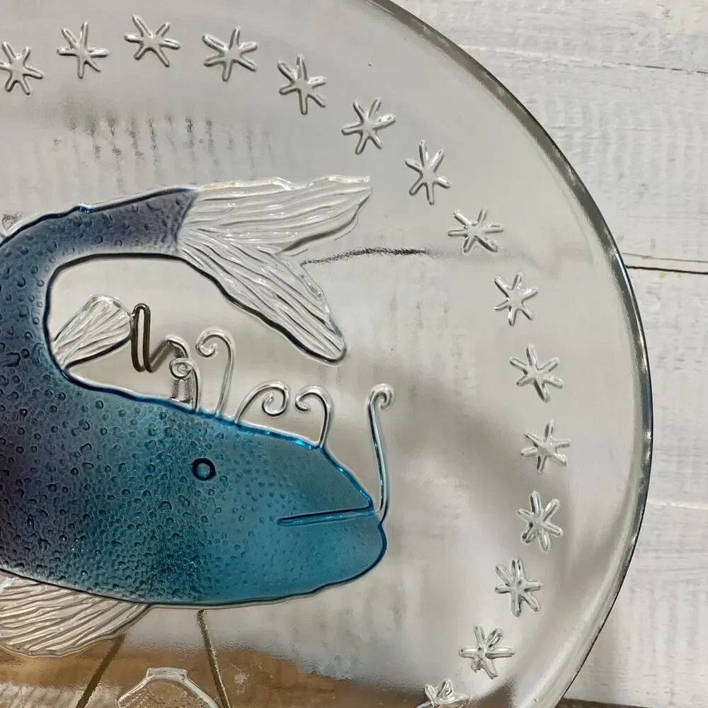 Vintage Walther Glass Germany Blue Catfish Art Glass Plate Nautical 8.75